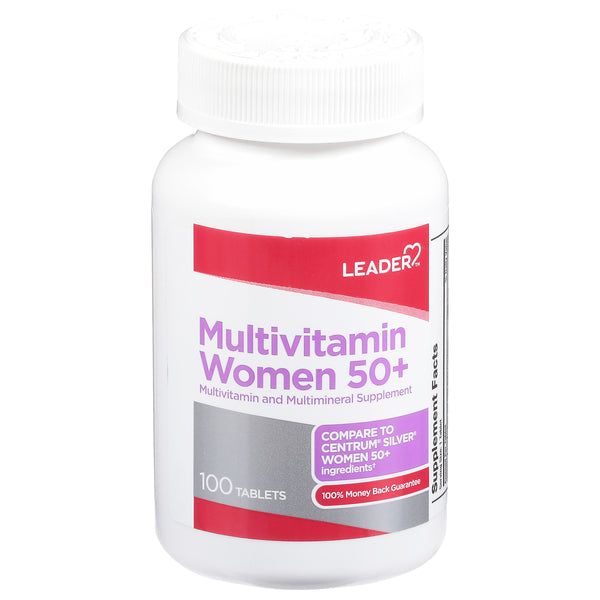 Leader Women's 50+ multivitamin and mineral supplement bottle, featuring colorful label with vitamins and minerals for women over 50.