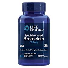 Life Extension specially coated bromelain supplement in 60 capsule bottle, natural enzyme support from Pasteur Pharmacy.