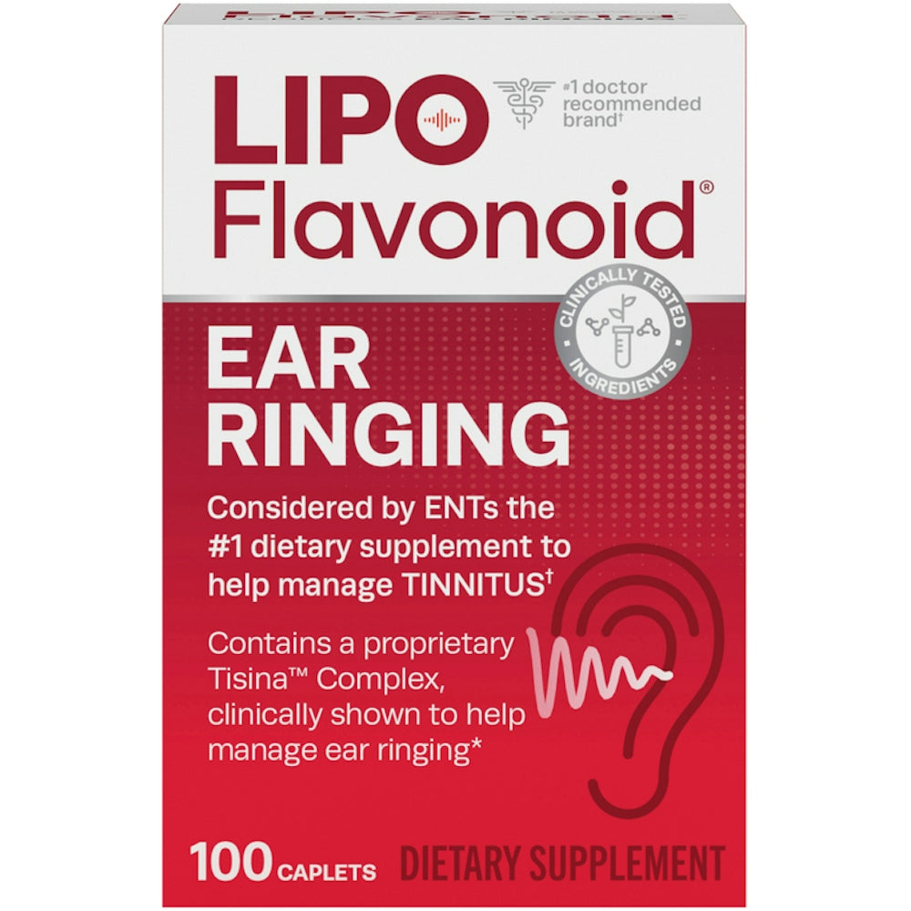 Lipo-Flavonoid Plus ear ringing relief supplement bottle with 100 caplets, designed to support tinnitus and ear health.