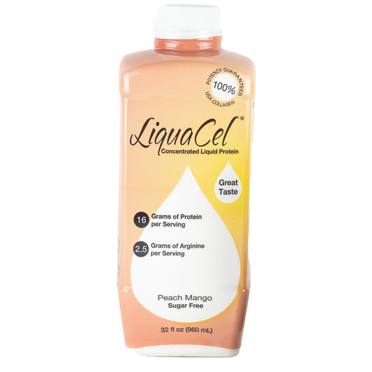 Six bottles of LiquaCel Global Health oral protein supplement in peach mango flavor, 32 oz containers, from Pasteur Pharmacy.
