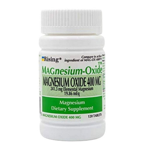Bottle of Pasteur Pharmacy Magnesium Oxide 400 mg tablets, dietary supplement for magnesium intake, 120 count.