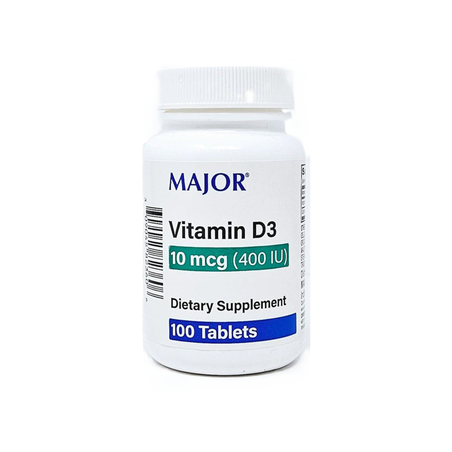 Major 10 Mcg Vitamin D3 supplement in a bottle of 100 tablets, from Pasteur Pharmacy, part of Vitamins & Supplements collection.