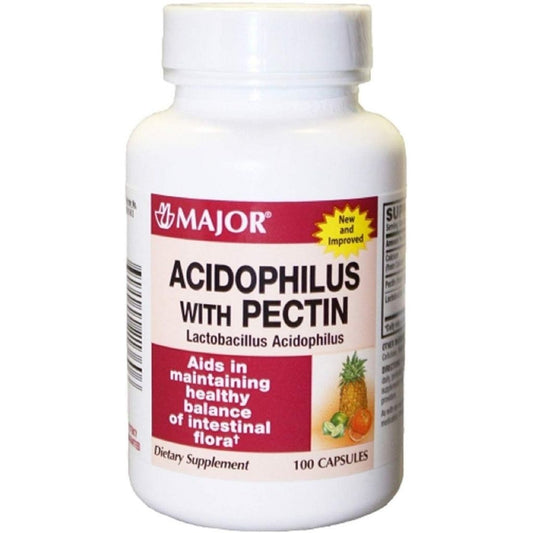 Bottle of Major Acidophilus with Pectin dietary supplement capsules by Pasteur Pharmacy, labeled as vitamins and probiotics.