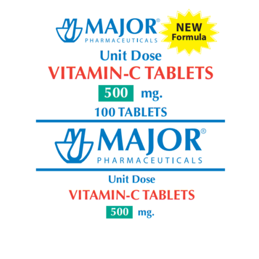 Major Ascorbic Acid 500mg Vitamin C tablets by Pasteur Pharmacy, 100-unit dose, dietary supplement for immune support.