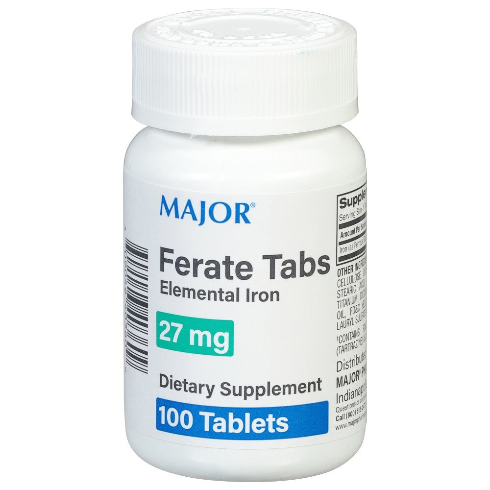 Major Ferate Tabs by Pasteur Pharmacy, 27 mg elemental iron tablets for iron supplementation, shown in blister pack.
