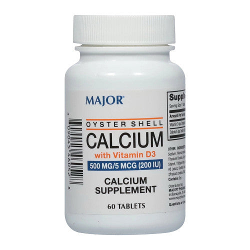 Bottle of Pasteur Pharmacy Major Oyster Shell Calcium 500 mg with Vitamin D supplement showing the label and capsules inside the bottle.