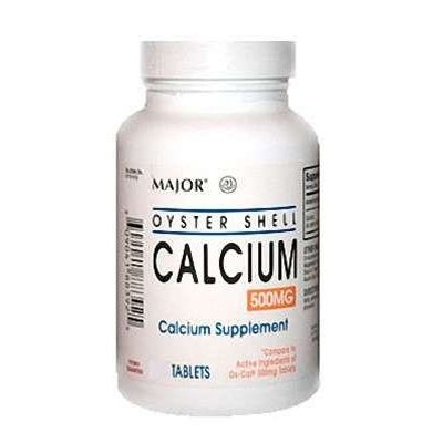 Bottle of Pasteur Pharmacy Major Oyster Shell Calcium 500 mg with Vitamin D supplement in a white container with a label.