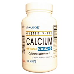 Bottle of Pasteur Pharmacy Major Oyster Shell Calcium with Vitamin D 500mg supplement, featuring a white label and capsule capsules.