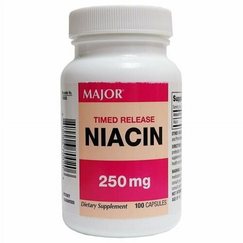 Major Timed Release Niacin dietary supplement bottle with 250 mg of vitamins and supplements from Pasteur Pharmacy.
