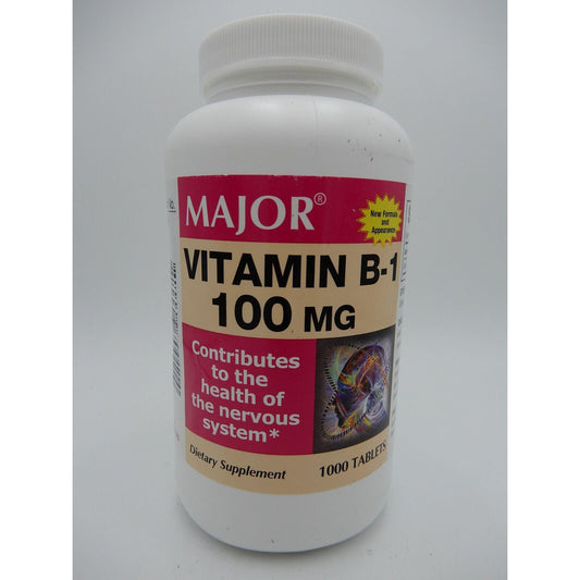 Pasteur Pharmacy Vitamin B-1 100mg supplement bottles with 1000 tablets for nervous system health on store shelf.