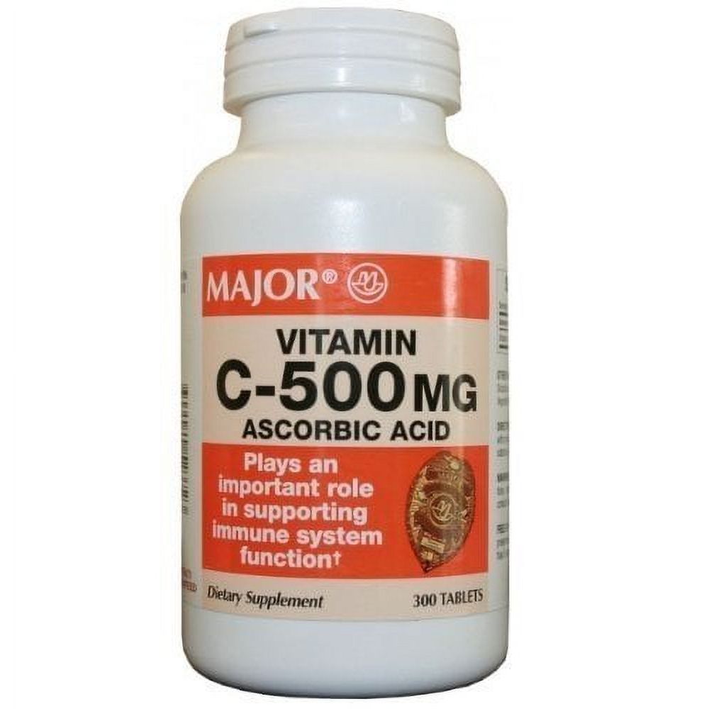 Bottle of Major Vitamin C 500 mg tablets from Pasteur Pharmacy, with 300 vitamin and supplement tablets in a clear container