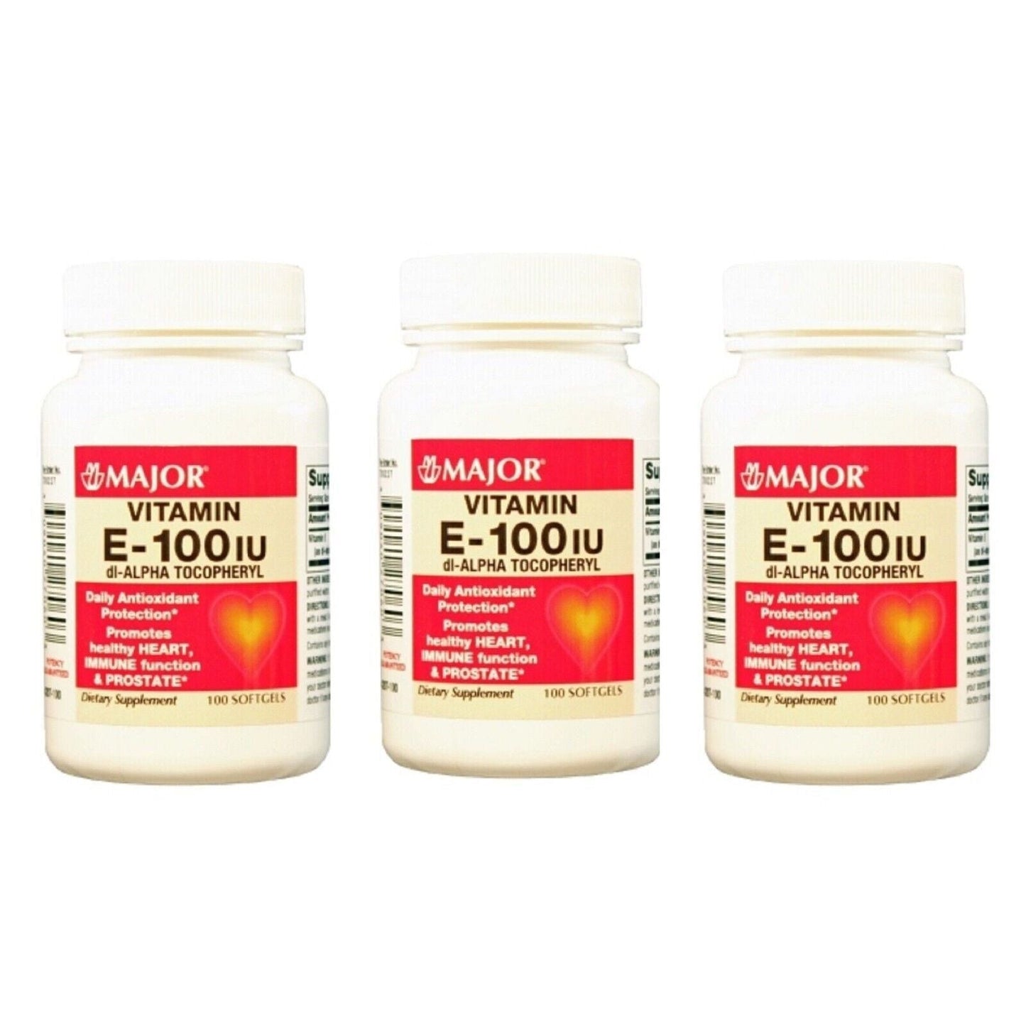 Major Vitamin E 100 IU softgels from Pasteur Pharmacy, three-pack of dietary supplements in softgel form.