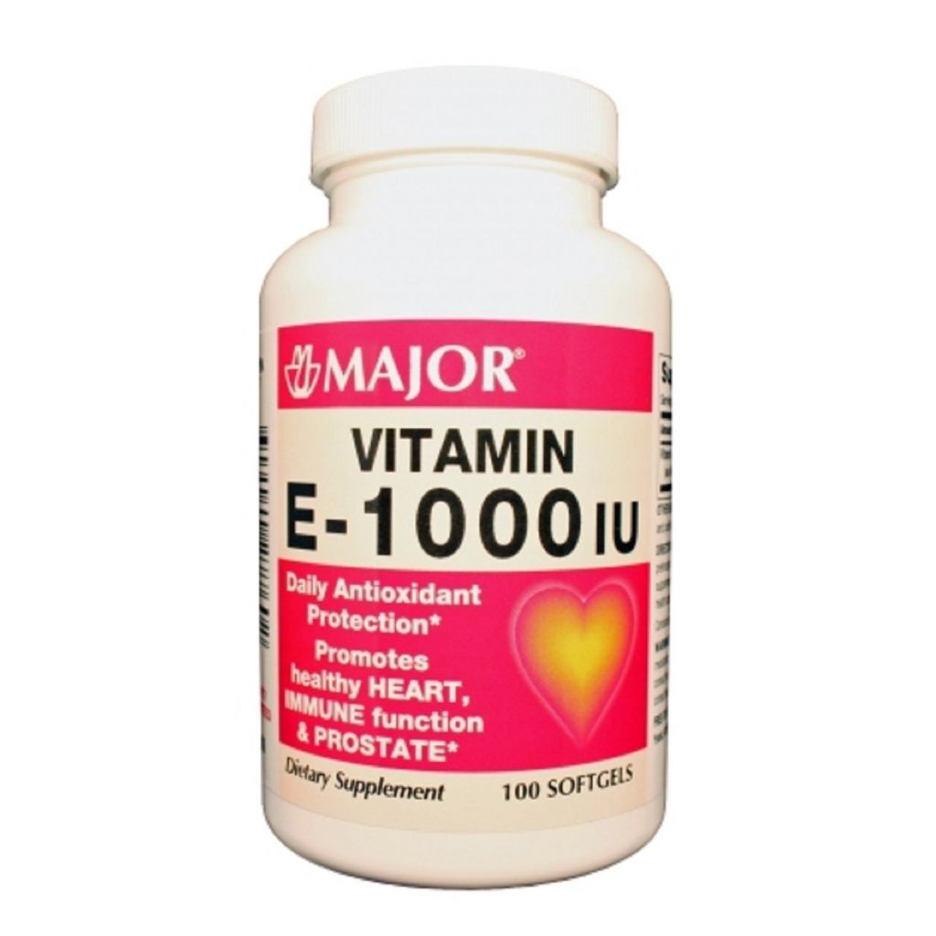 Yellow Major Vitamin E capsules 1000 IU from Pasteur Pharmacy, dietary supplement in soft gel form.