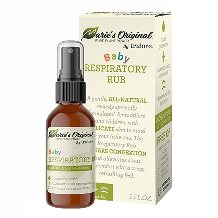 Bottle of Marie's Original Baby Respiratory Rub by Pasteur Pharmacy, a natural supplement for infants' respiratory comfort.