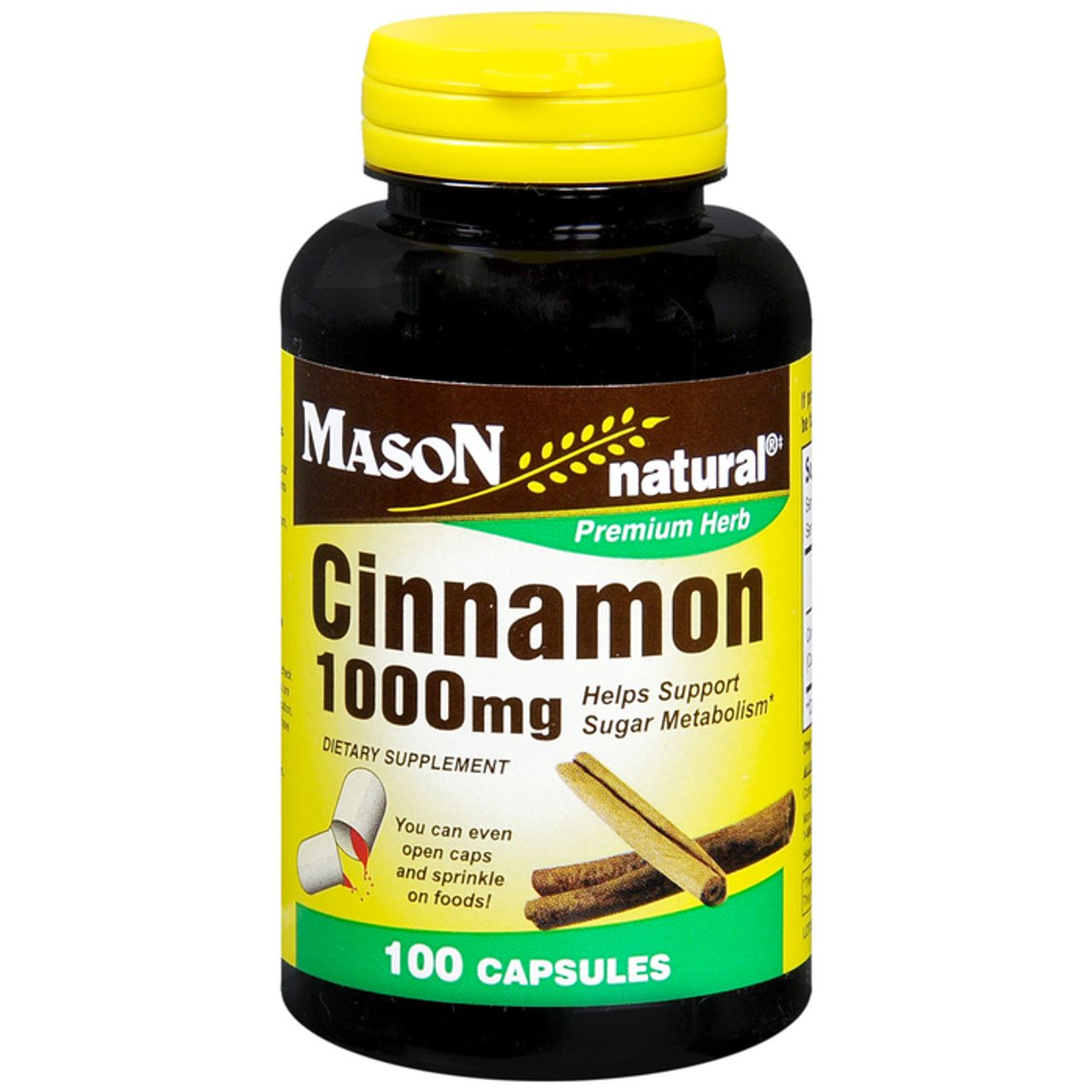 Bottle of Mason Cinnamon 1000 mg vitamins and supplements by Pasteur Pharmacy, with 100 capsules in a clear container.