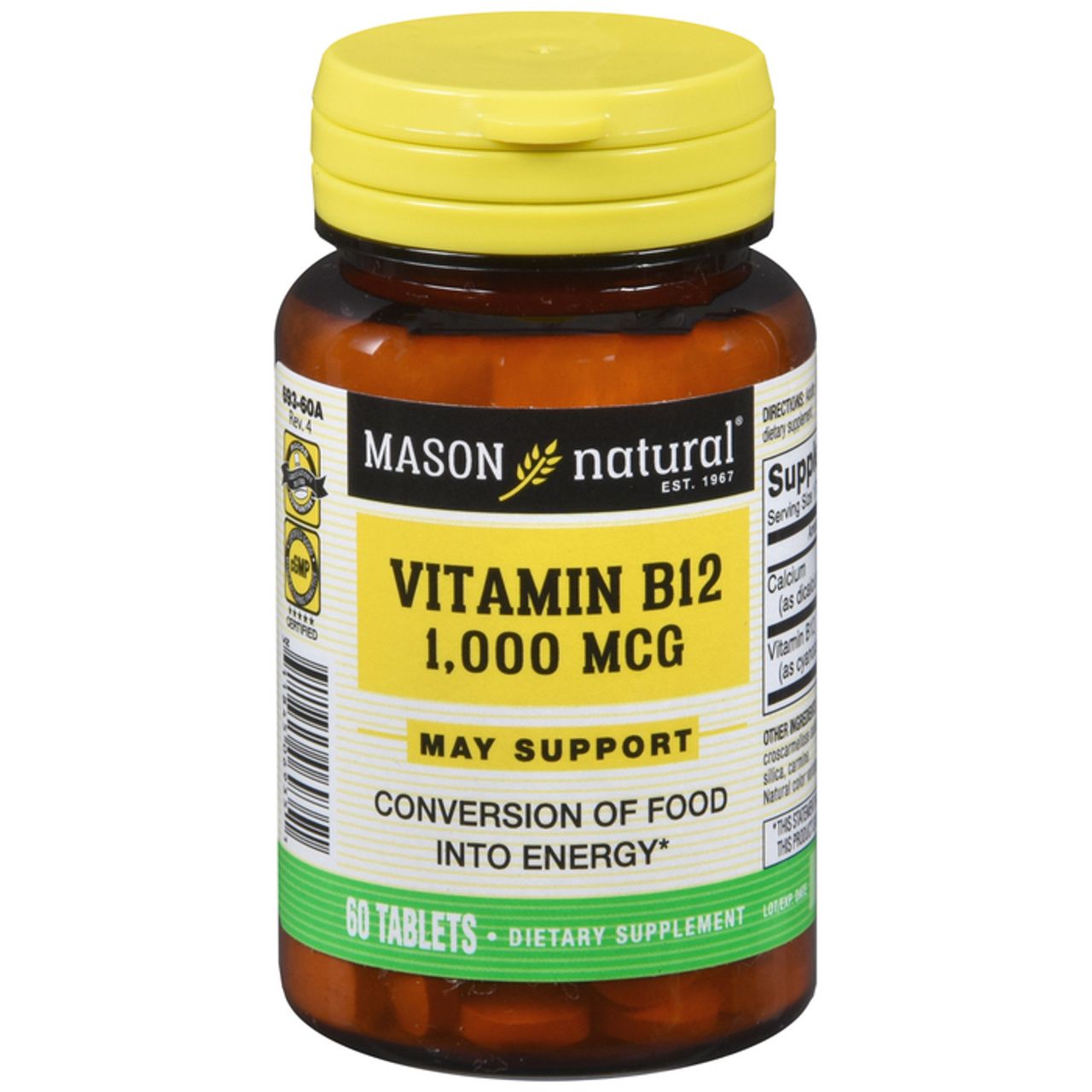 Mason Natural B-12 1000 mcg vitamins and supplements in a bottle of 60 tablets, ideal for energy and metabolism support.