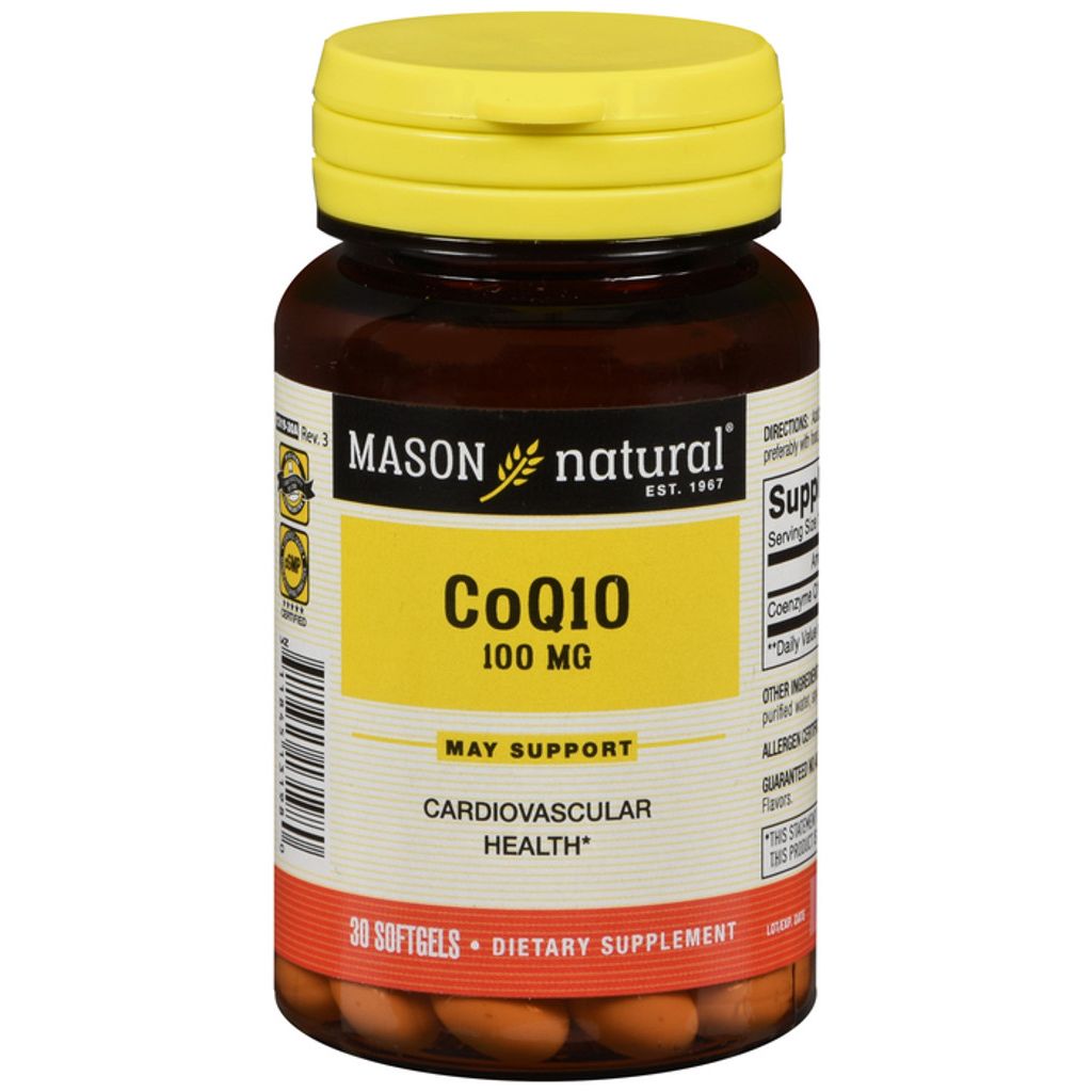 Mason Natural CoQ10 100mg softgels, dietary supplement in a bottle, designed to support heart health and energy.