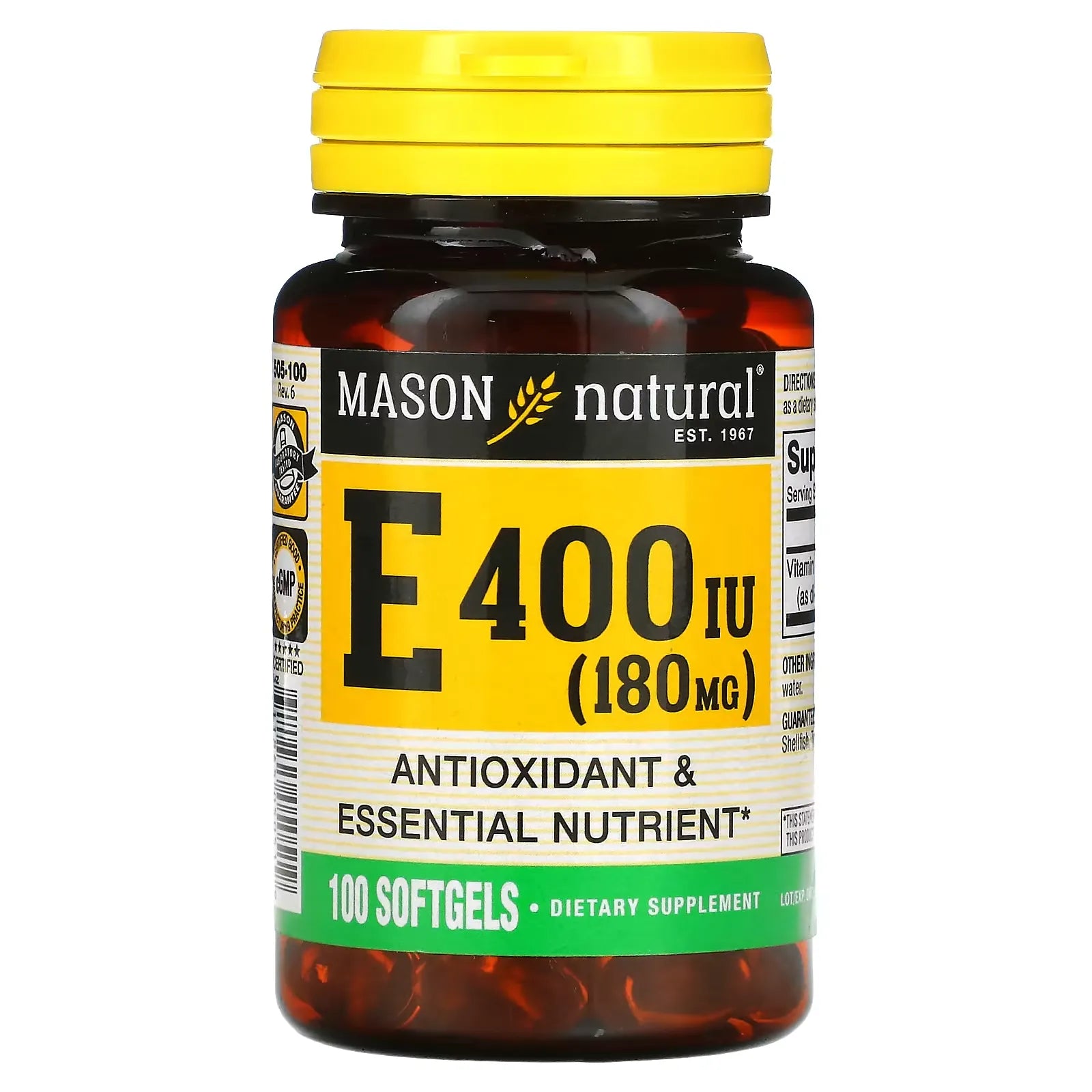Mason Natural Vitamin E 400 IU softgels in a bottle, dietary supplement in clear container with label showing product details.