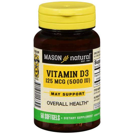 Mason Natural Advanced Vitamin D3 5,000 IU softgels, dietary supplement bottle showing 50 softgels for immune support and bone health.