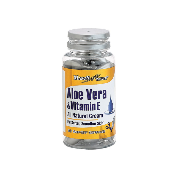 Mason Natural Aloe Vera & Vitamin E supplement capsules in a bottle, dietary vitamins and supplements for skin health.