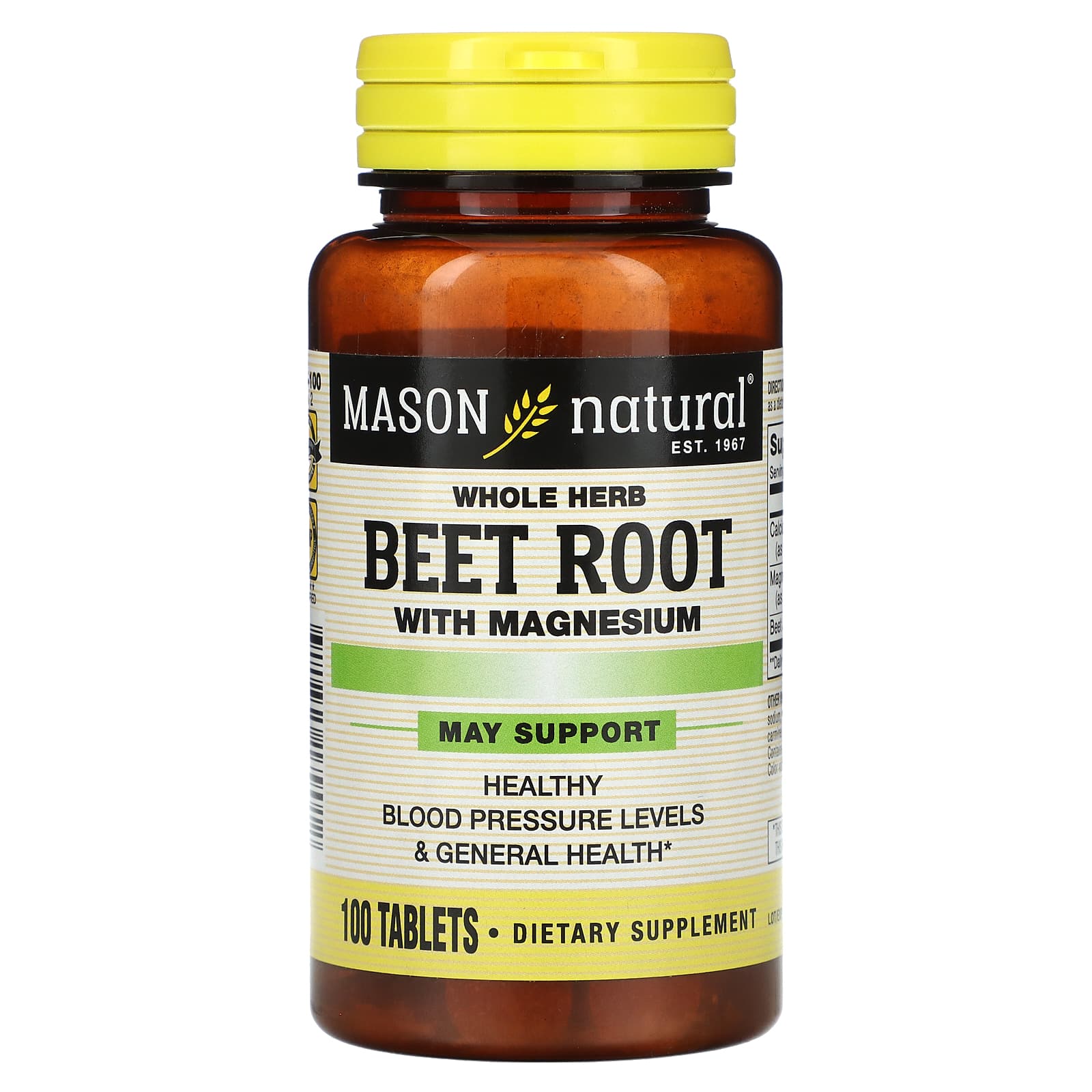 Mason Natural Beet Root 500 mg with Magnesium supplement bottle, showing label with product details and branding.