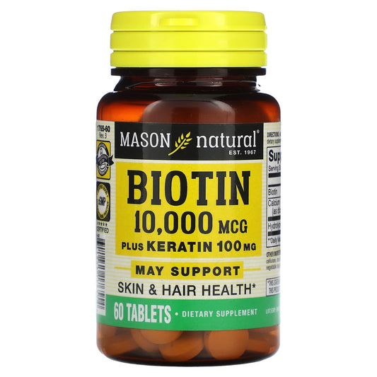 Mason Natural Biotin 10,000 mcg with Keratin 100 mg supplement in a bottle of 60 tablets, for hair, skin, and nail health.