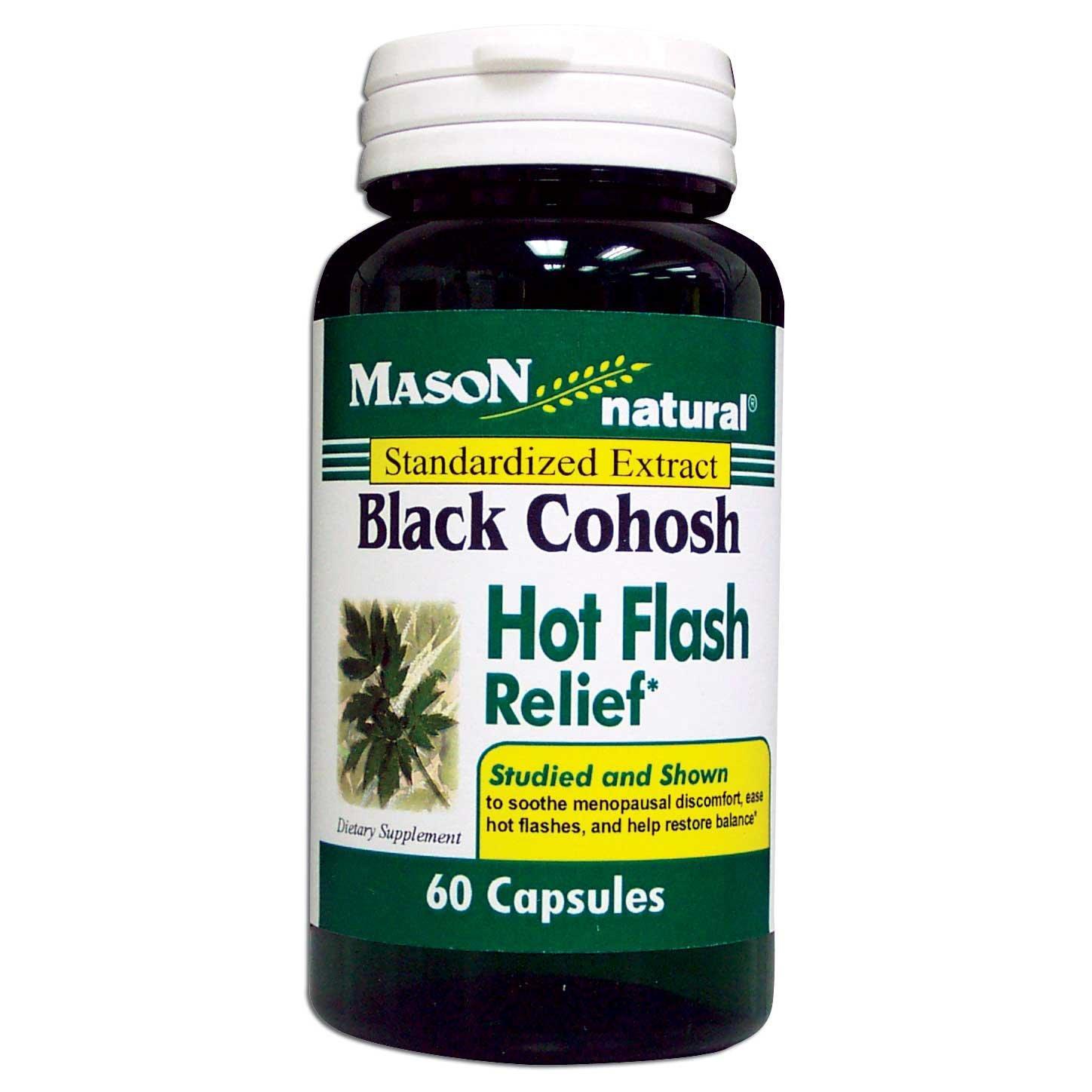 Mason Natural Black Cohosh supplement capsules for hot flash relief, standardized extract, 60 capsules, vitamins and supplements.