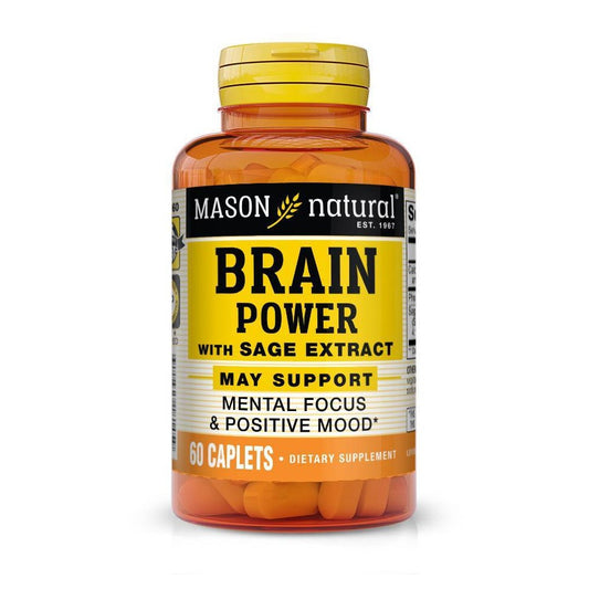 Mason Natural Brain Powder with Sage Extract supplement, 60 count, in a clear container with a label showing product details.