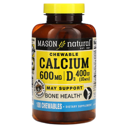 Mason Natural Calcium 600 mg + D3 chewable tablets in coffee mocha flavor, dietary supplement for bone health, 100 tablets
