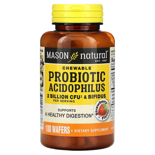 Chewable Strawberry Acidophilus with Bifidus probiotic wafers from Mason Natural, dietary supplement for digestive health