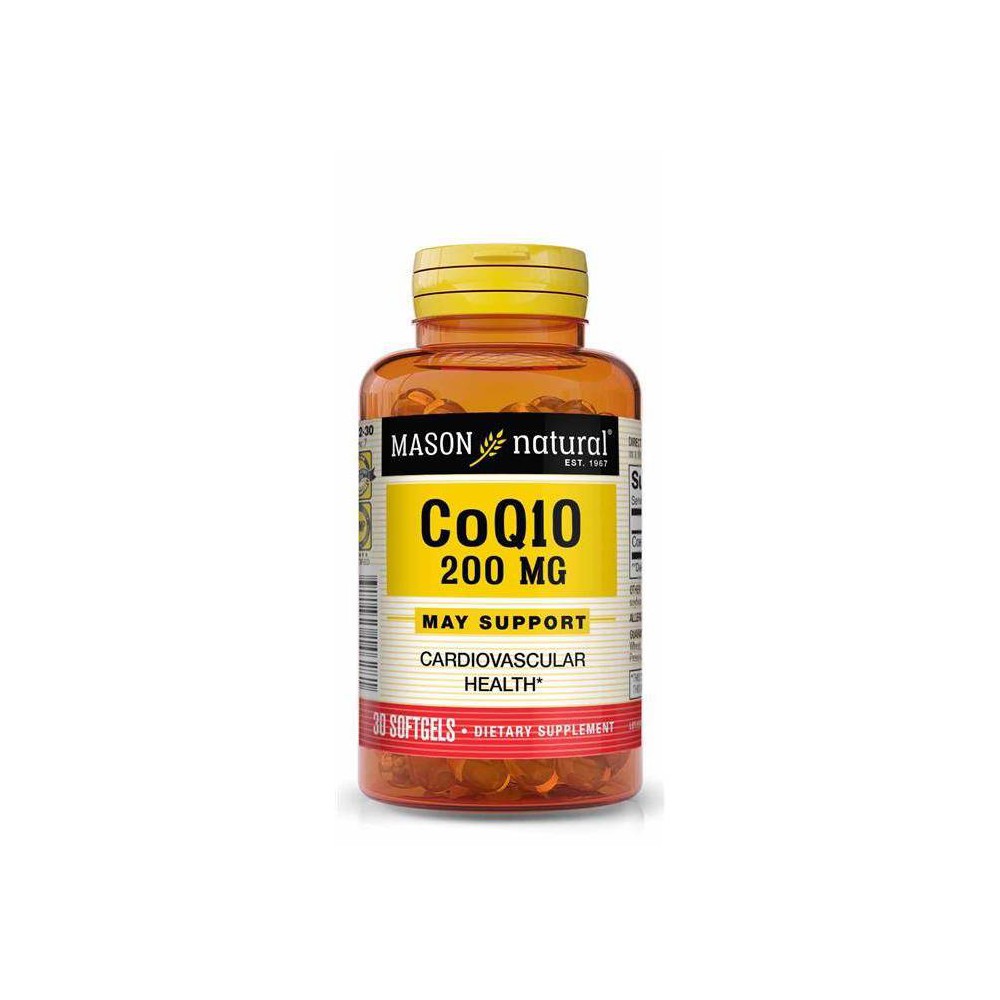 Mason Natural CoQ-10 200 Mg softgels, dietary supplement in clear softgel capsules, shown on a white background