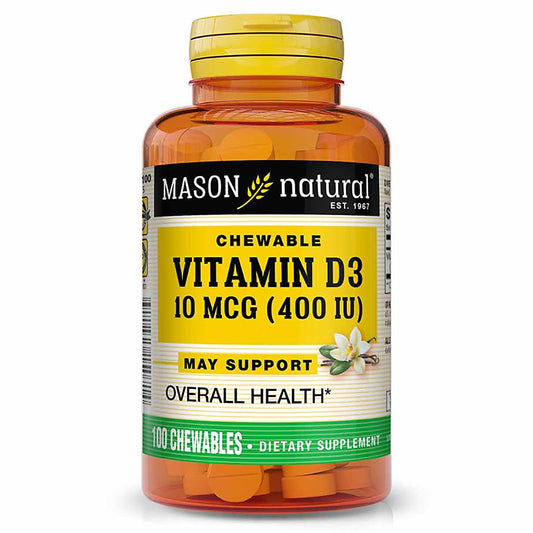 Mason Natural D400 chewable vanilla vitamin supplement in orange bottle with label and tablets visible