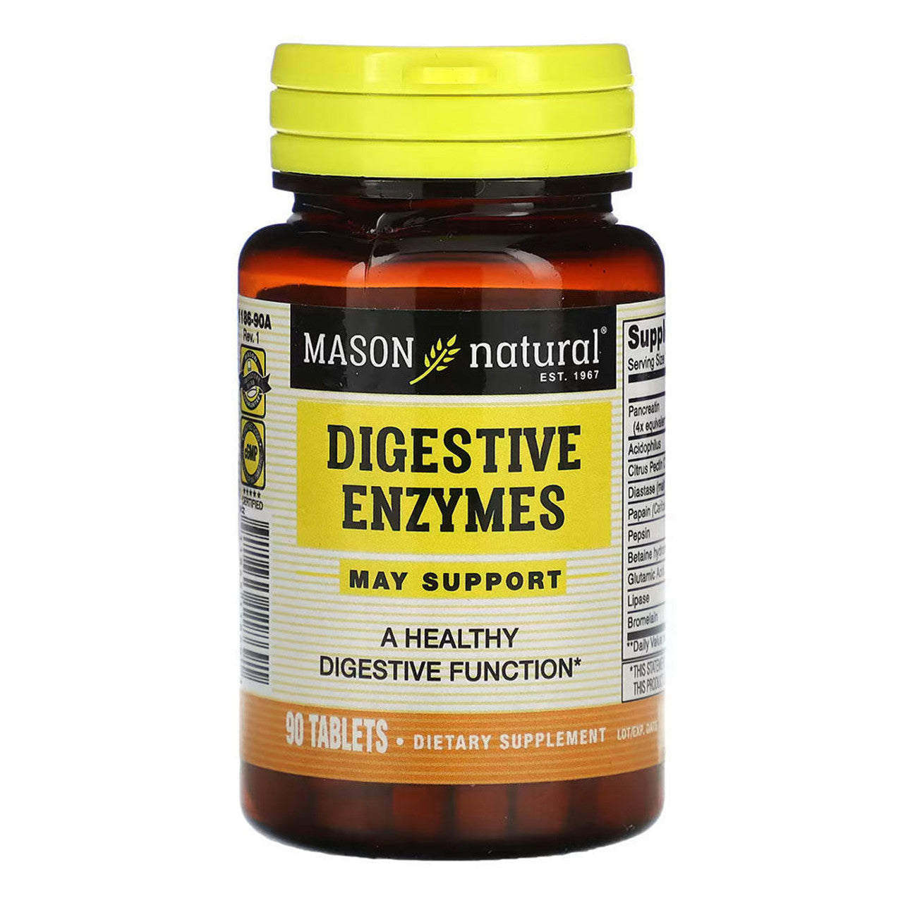 Mason Natural Digestive Enzymes bottle with 90 tablets, dietary supplement for digestive health, vitamins and supplements.
