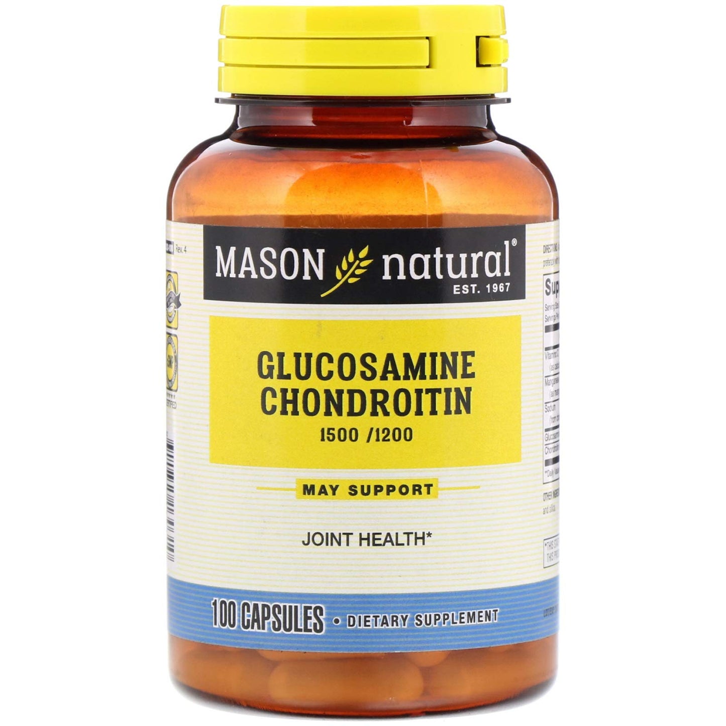 Mason Natural Extra Strength Glucosamine Chondroitin supplement bottle with 100 capsules for joint health.