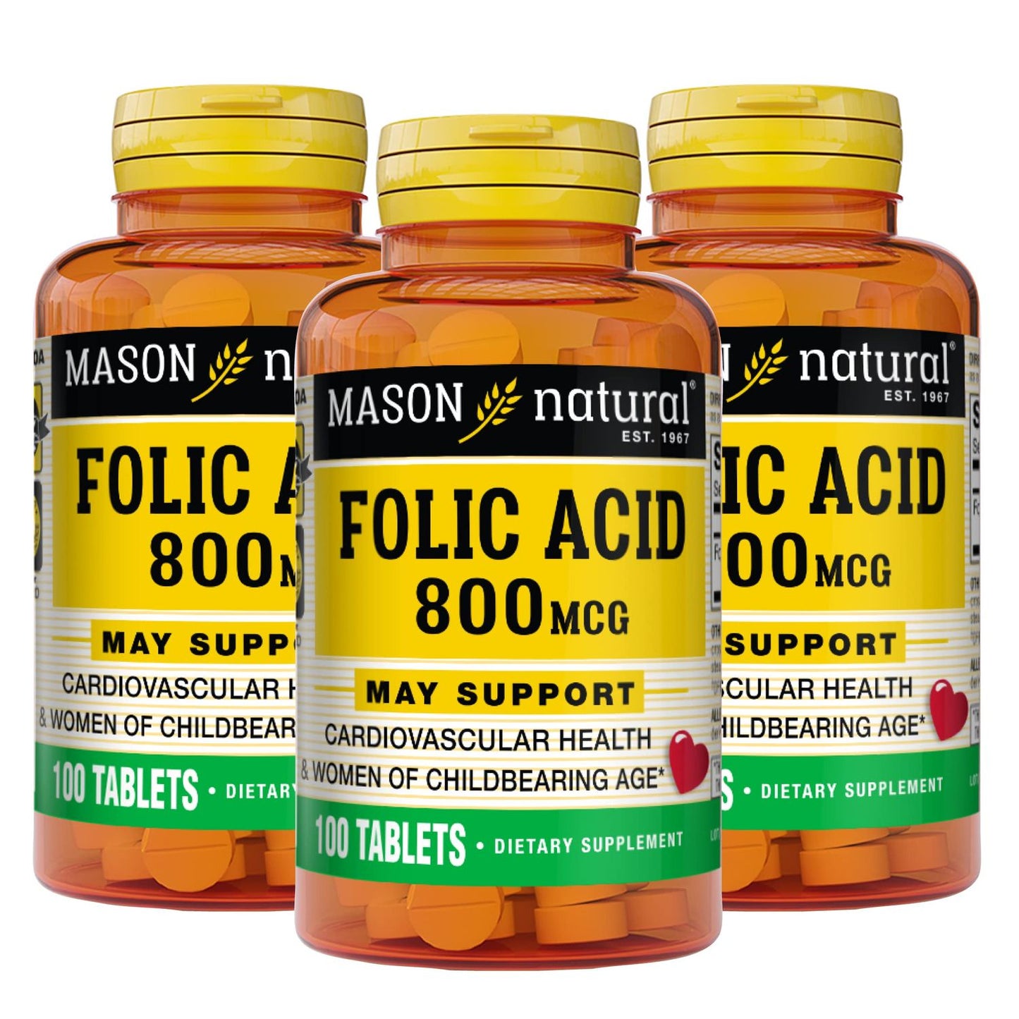 Mason Natural Folic Acid 800 mcg tablets in a bottle, dietary supplement for prenatal health and daily vitamin support