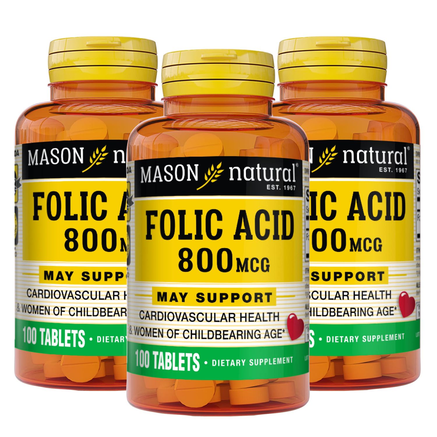 Mason Natural Folic Acid 800 mcg tablets in a bottle, dietary supplement for prenatal health and daily vitamin support