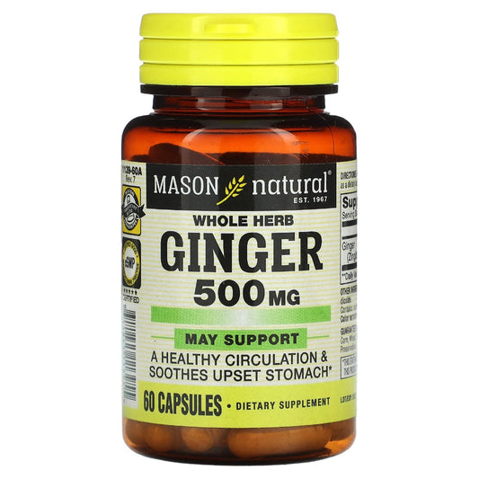 Mason Natural Ginger 500 mg herbal supplement capsules in a bottle, designed for vitamins and dietary support.