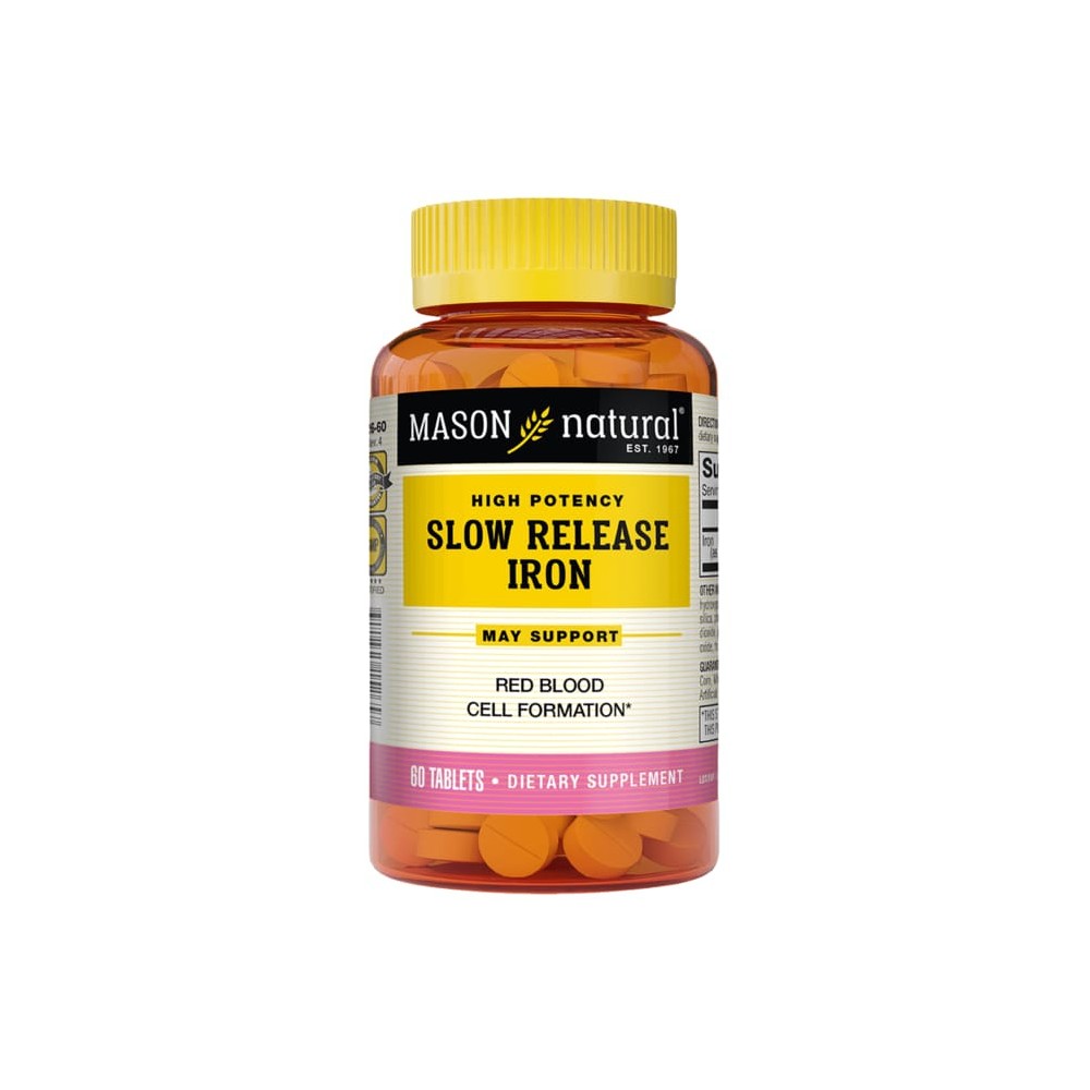 Mason Natural high potency slow-release iron 50 mg supplement bottles, 60 tablets, for supporting healthy iron levels