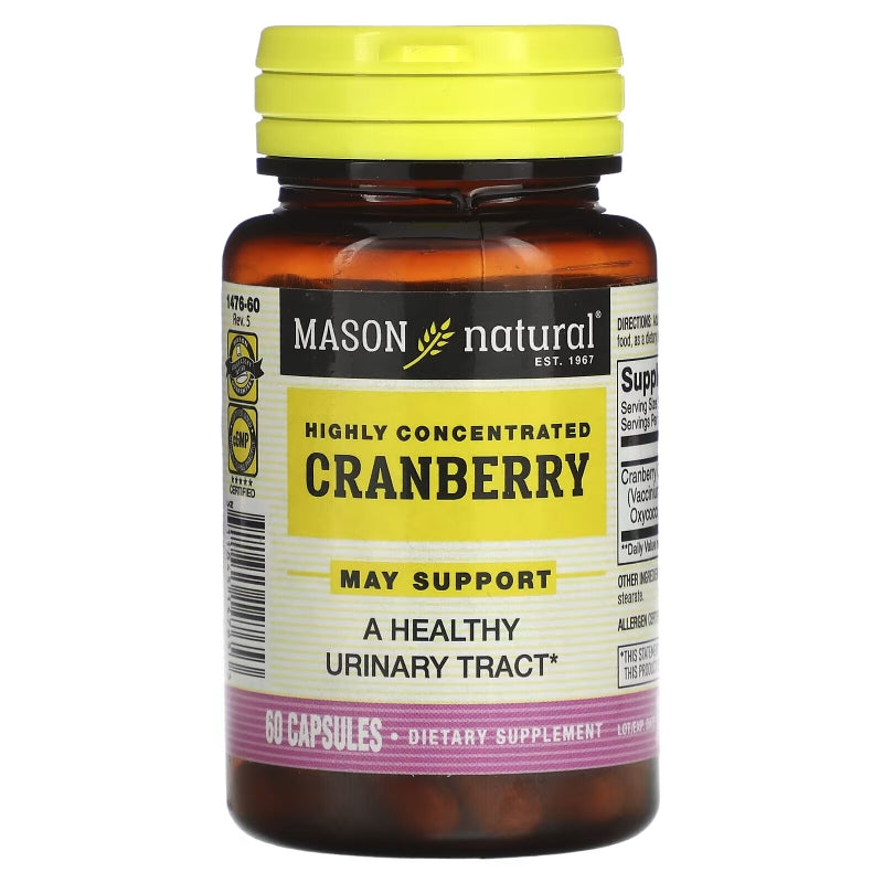 Mason Natural highly concentrated cranberry capsules in a bottle, dietary supplement for urinary health, vitamin and supplement product