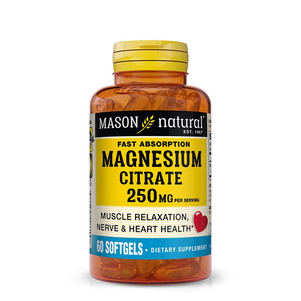 Bottle of Mason Natural Magnesium Citrate 250mg multivitamin softgels in a clear container with a white label.