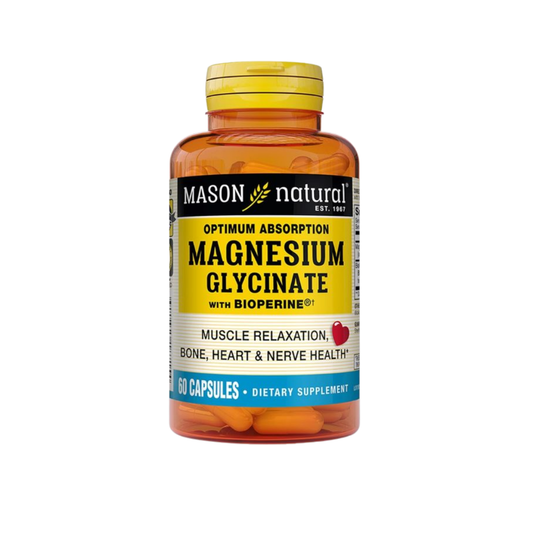 Mason Natural Magnesium Glycinate multivitamin capsules in a bottle, dietary supplement for overall health and wellness.