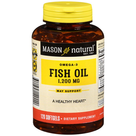 Mason Natural Omega 3 Fish Oil 1200 mg softgels in bottle, dietary supplement for heart health, vitamins and supplements.