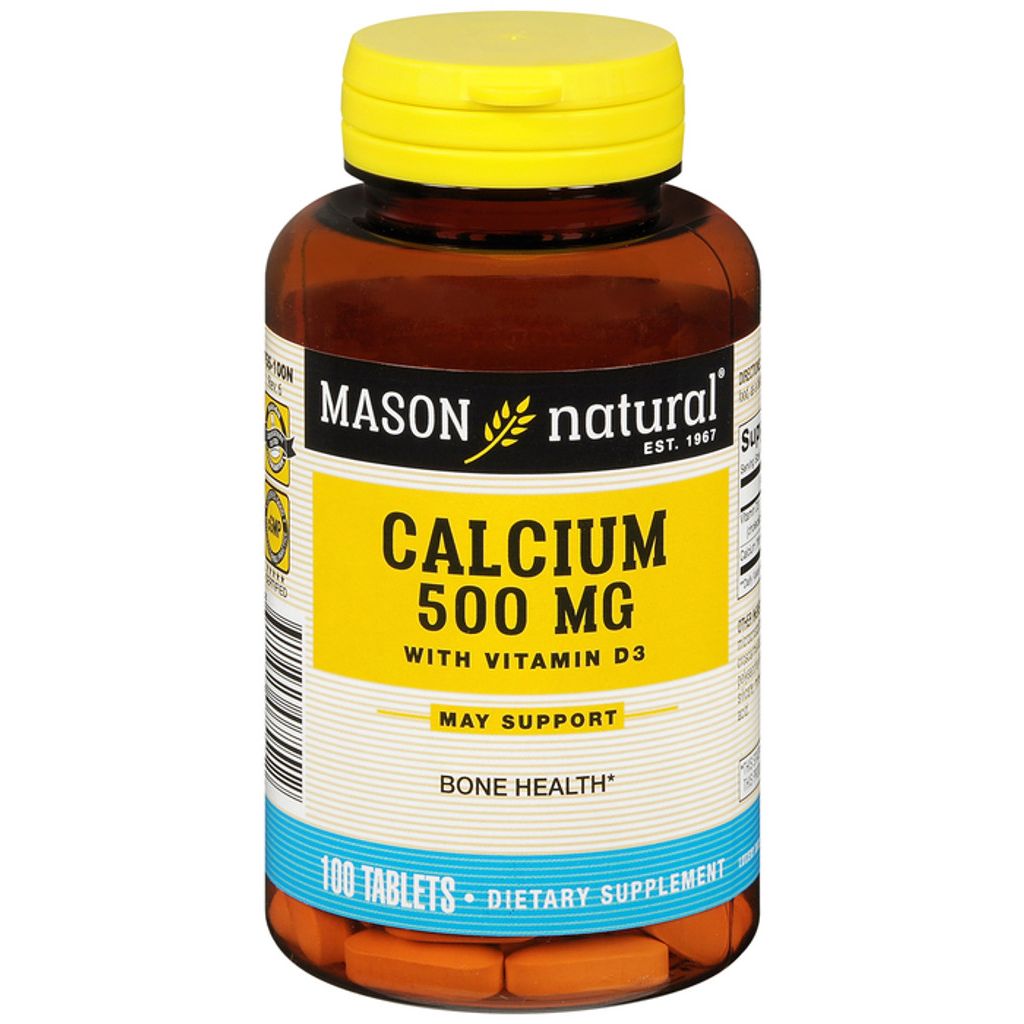 Mason Natural Oyster Shell Calcium 500 mg with Vitamin D3 supplement in 100 tablets, natural dietary calcium and vitamin D source.