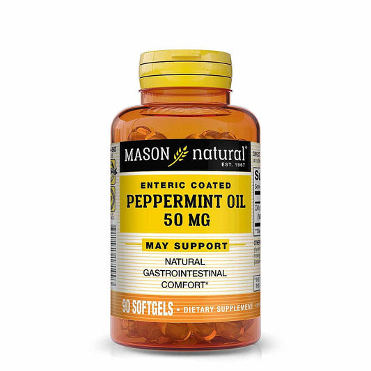 Mason Natural Peppermint Oil 50 mg enteric-coated softgels, dietary supplement, 90-count bottle for digestive health.