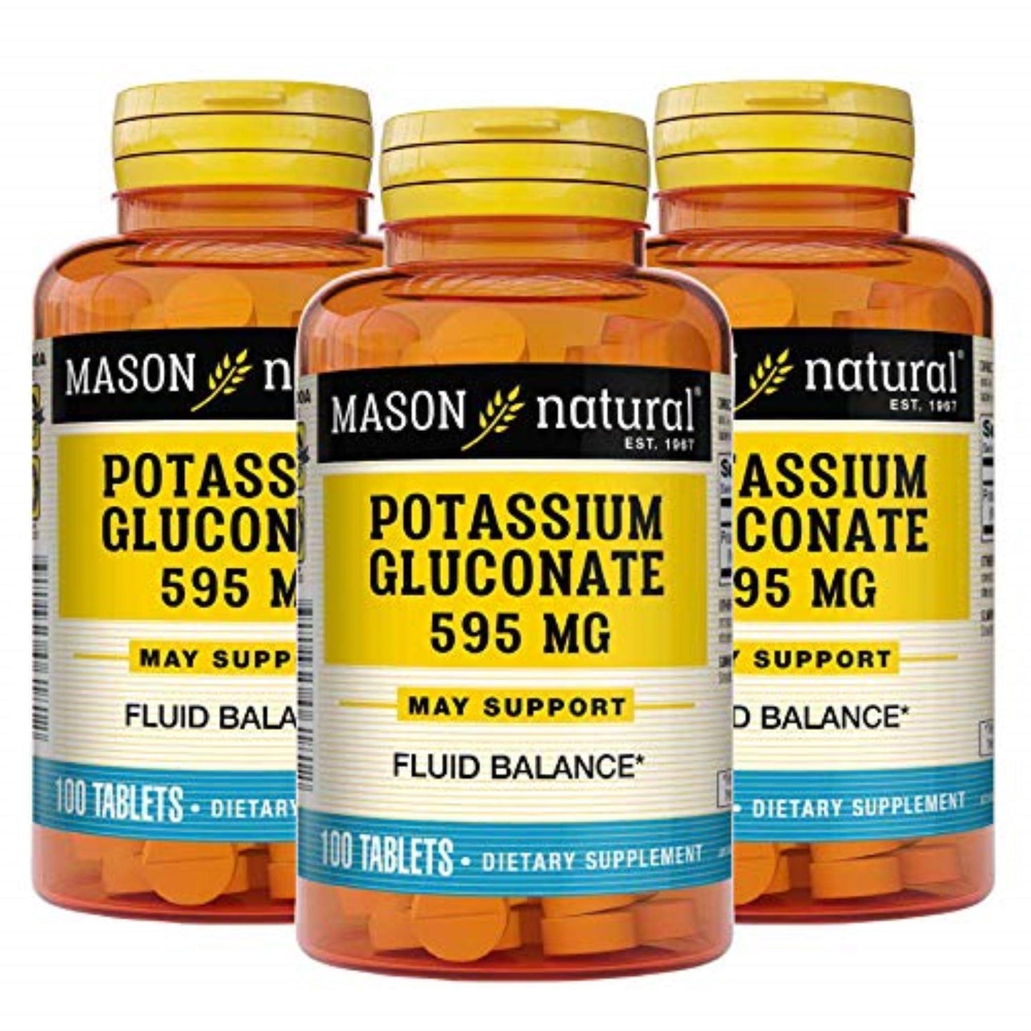 Bottle of Mason Natural Potassium Gluconate 595 mg tablets with 100 tablets, in a clear container with label showing product details.