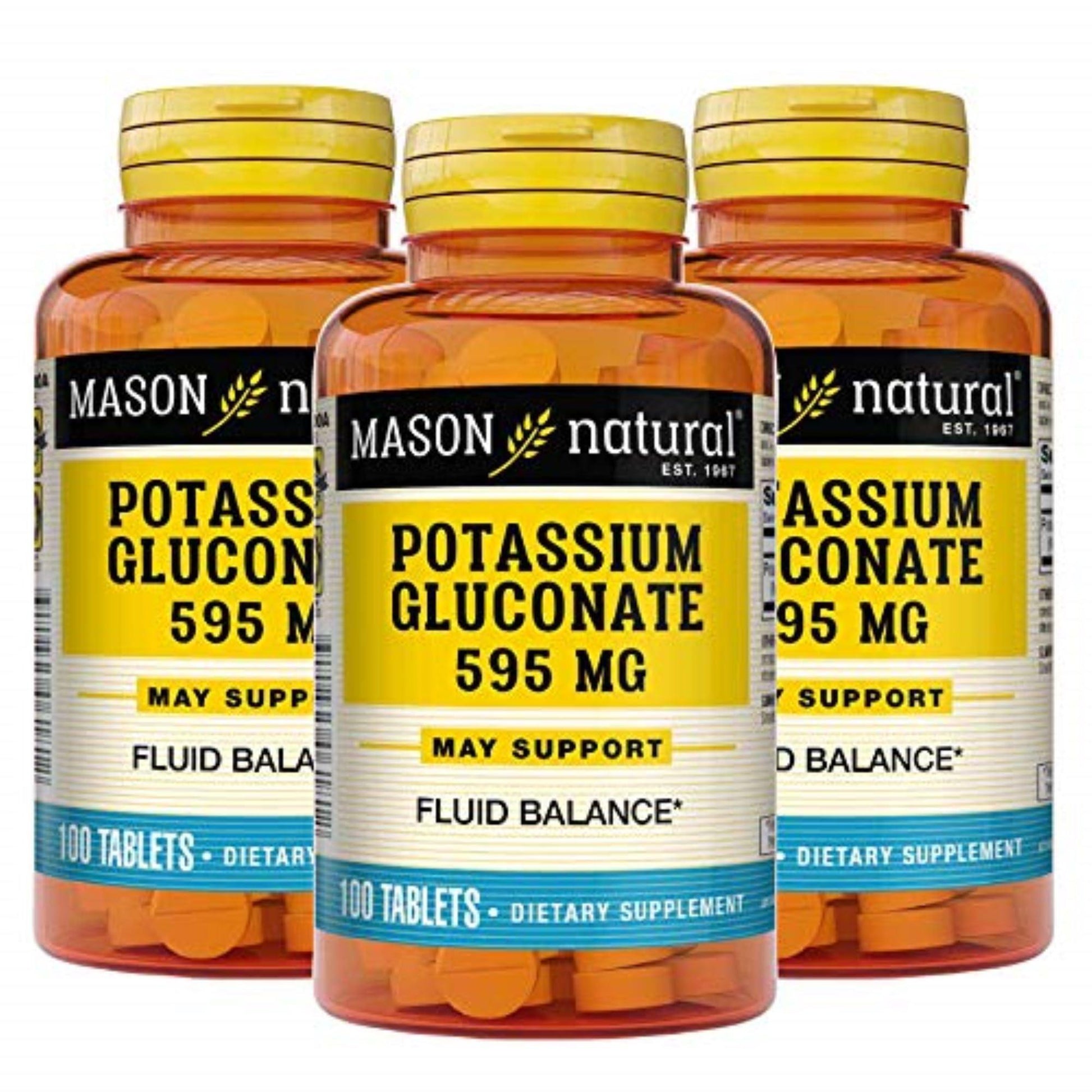 Bottle of Mason Natural Potassium Gluconate 595 mg tablets with 100 tablets, in a clear container with label showing product details.