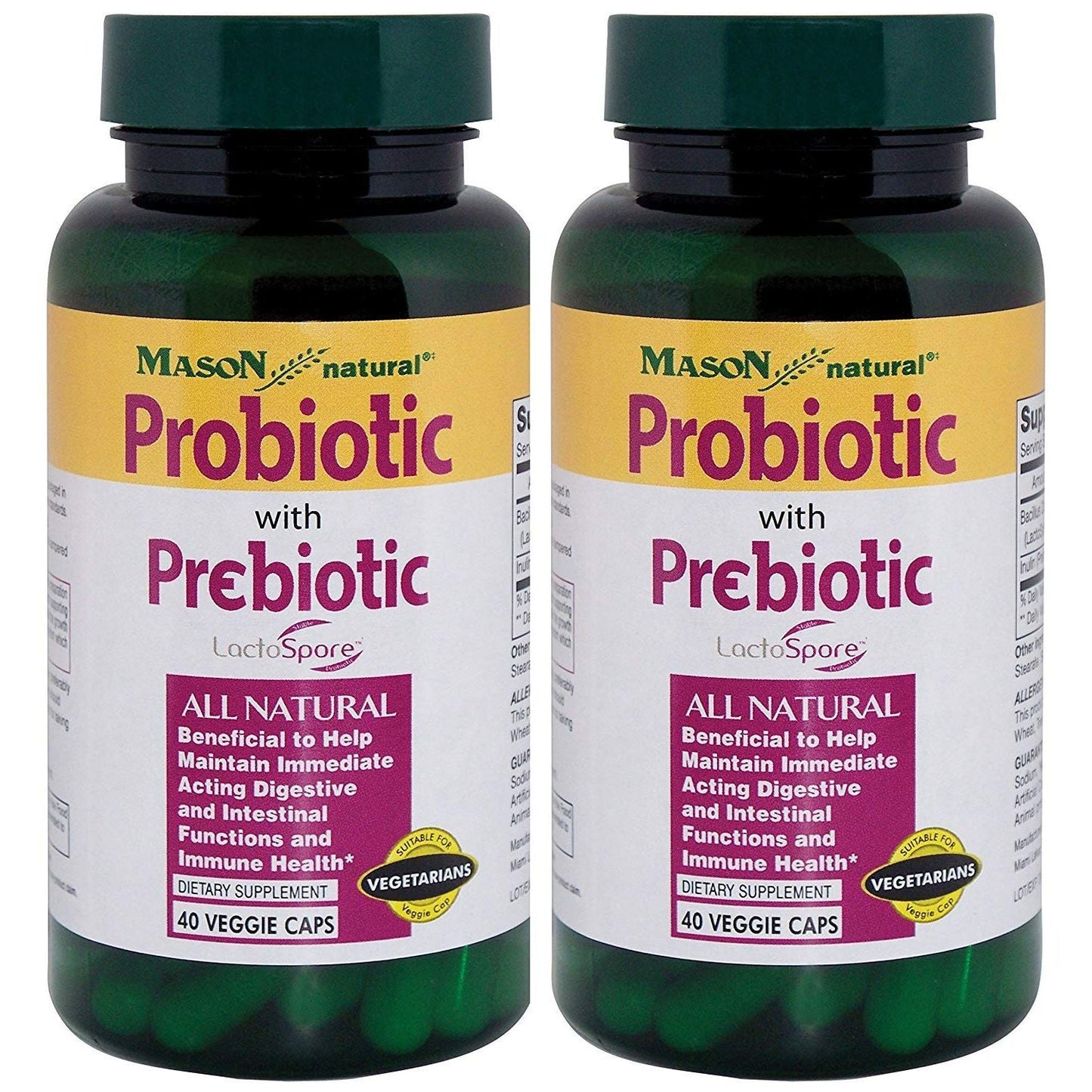 Mason Natural probiotic with prebiotic 1 billion CFU in a bottle of 40 veggie capsules, dietary supplement for digestive health.
