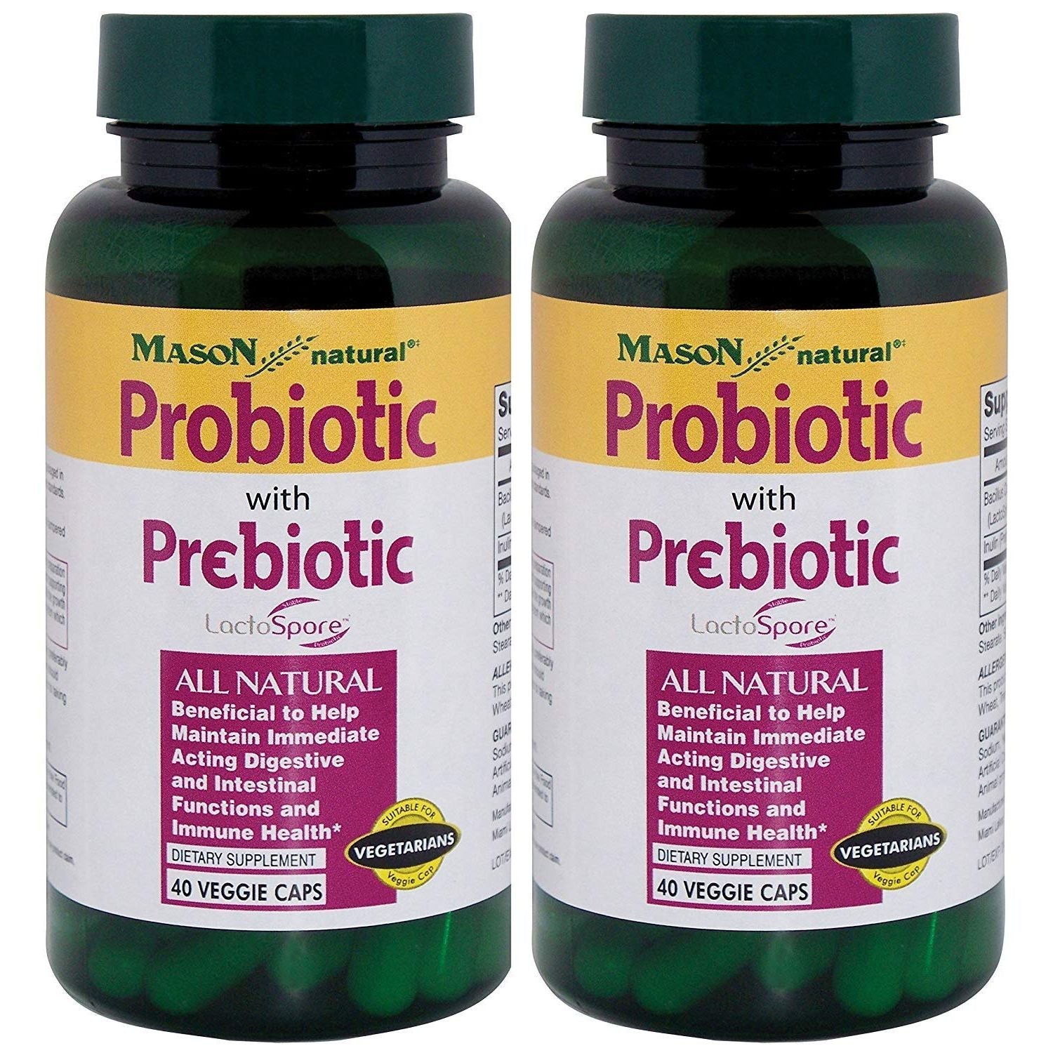 Mason Natural probiotic with prebiotic 1 billion CFU in a bottle of 40 veggie capsules, dietary supplement for digestive health.