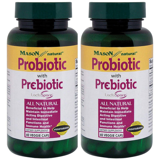 Mason Natural probiotic with prebiotic 1 billion CFU in a bottle of 40 veggie capsules, dietary supplement for digestive health.