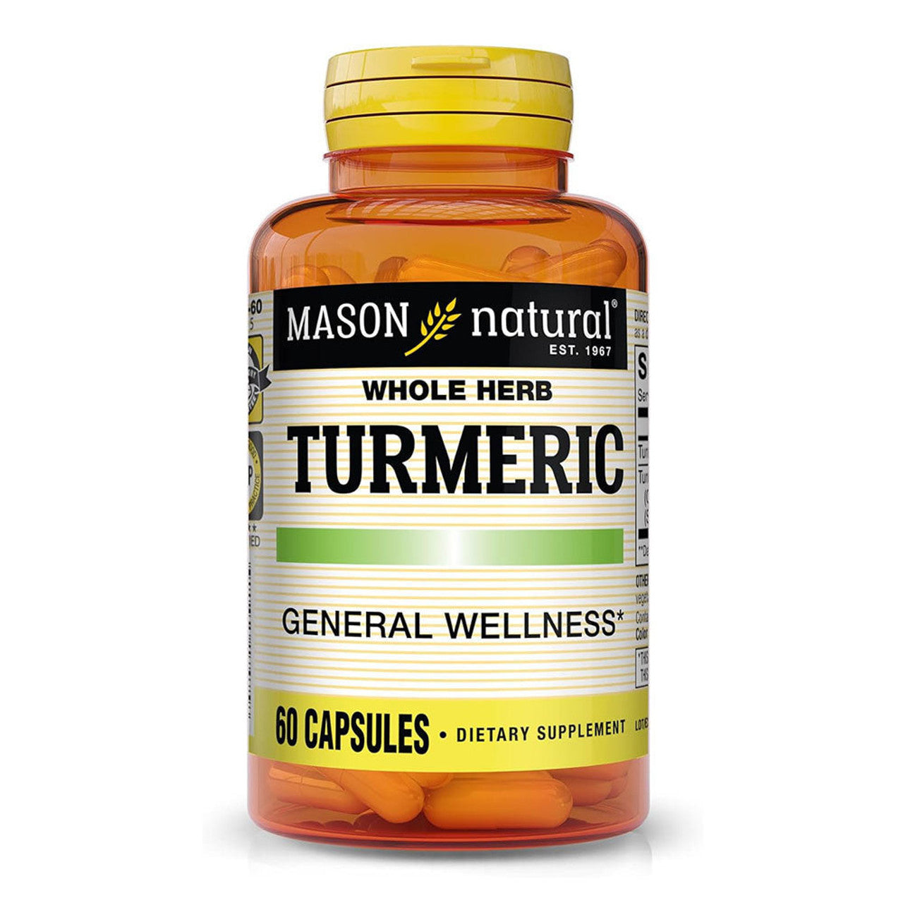 Whole herb turmeric capsules from Mason Natural, displayed in clear capsules with a natural turmeric root in the background.